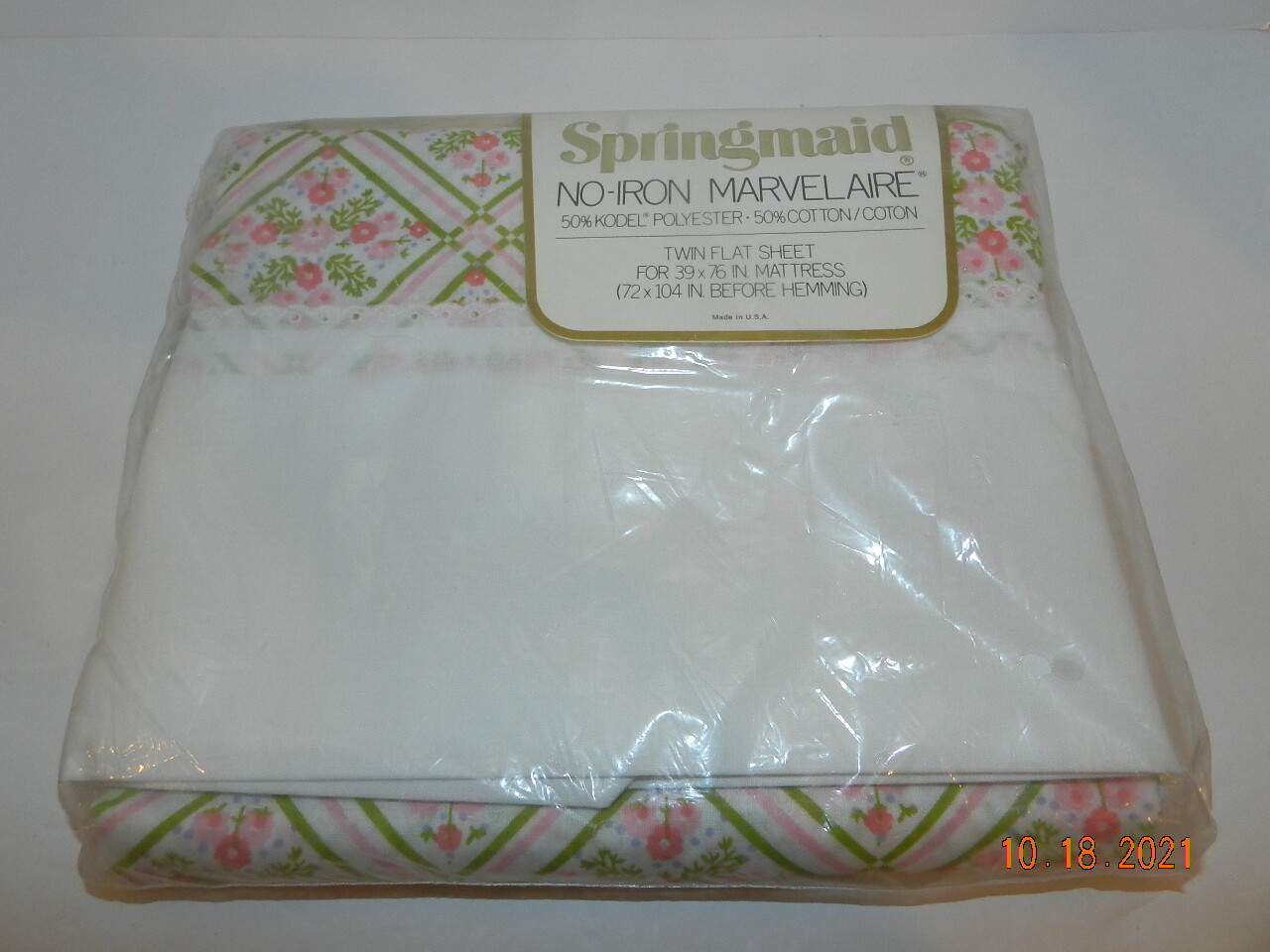 New Springmaid Marvelaire TWIN Flat Pink Floral Sheet VTG core "cottage tile"