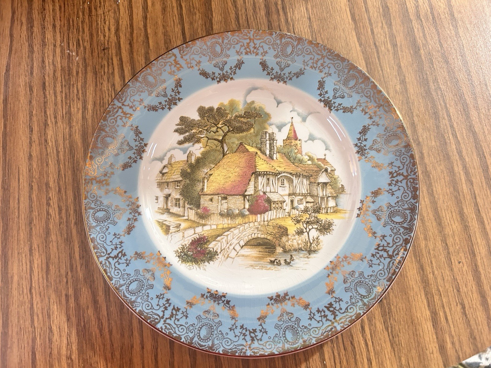Broadhurst Bros Burslem Ceramic Plate Village Scene Blue Border England