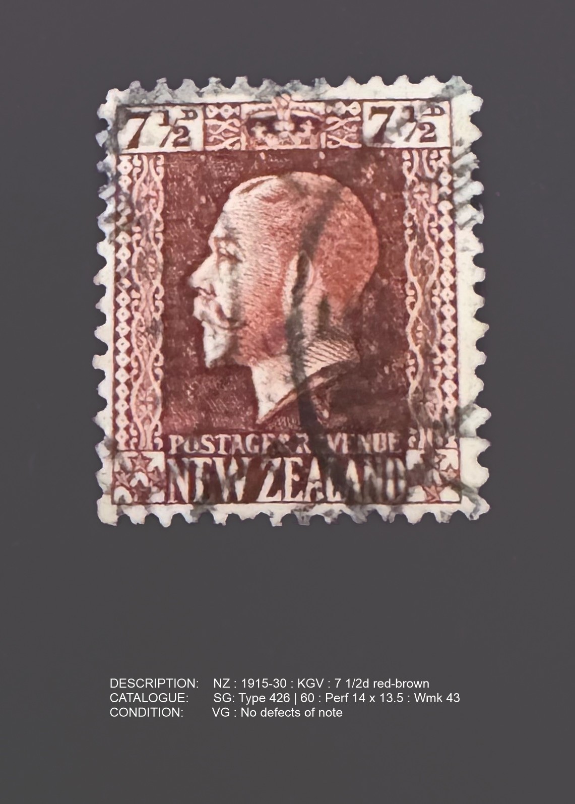 New Zealand | 1916-1930 | SG 426 | 7½d Deep red-brown | Good ULH