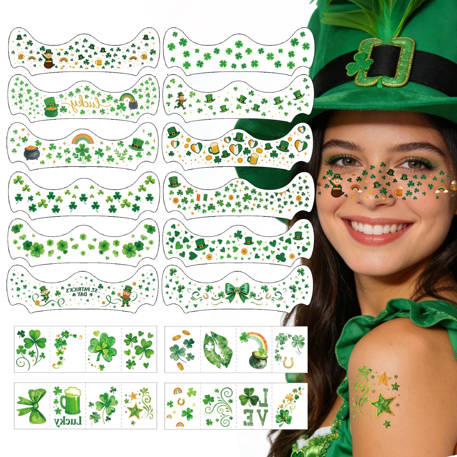 28 PCS St Patrick’s Day Face Temporary Tattoos, Shamrocks Irish Flag Green 