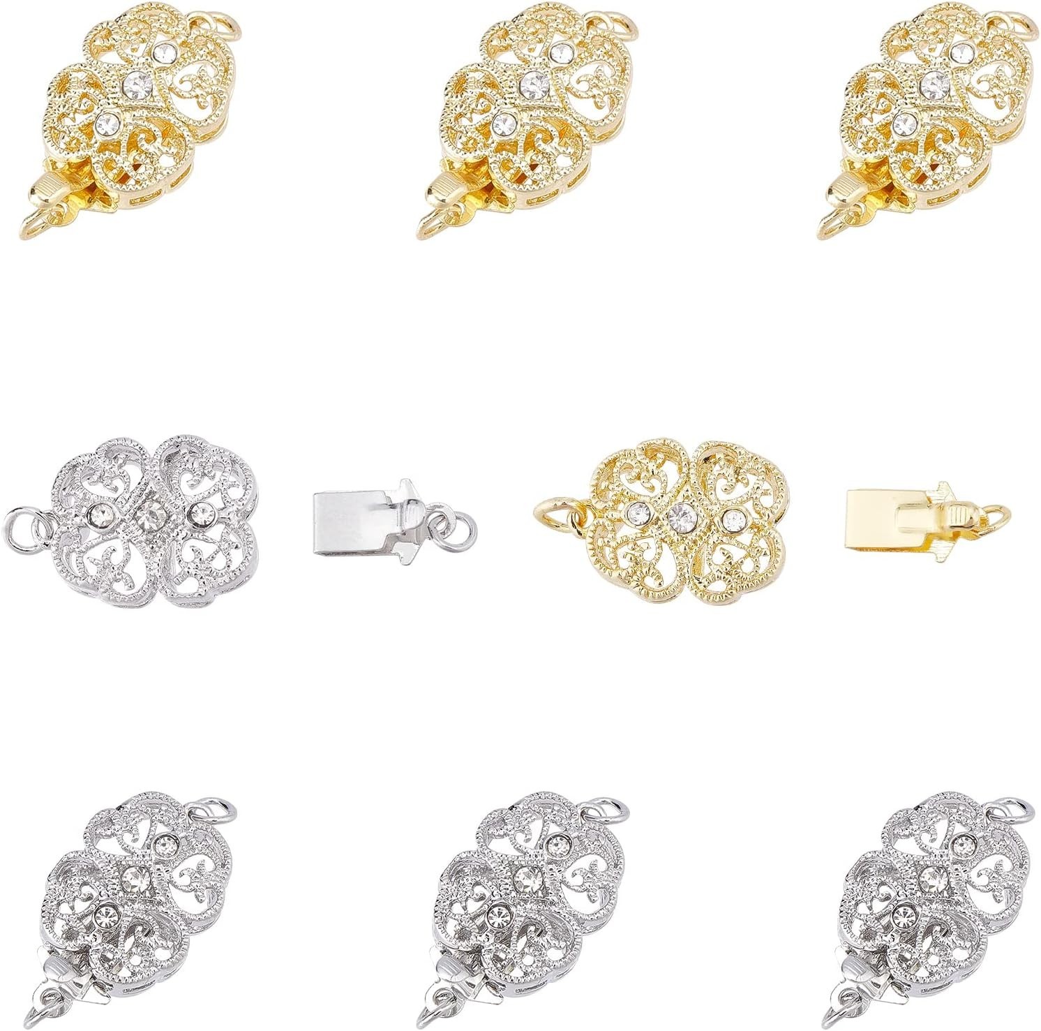 8 Sets Filigree Necklace Clasps, Brass Rhinestone Box Clasps Jewelry Slide Clasp