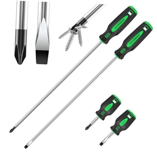 4-Piece 12" Long Screwdriver Set Slotted and Phillips, Long & Short Magnetic 