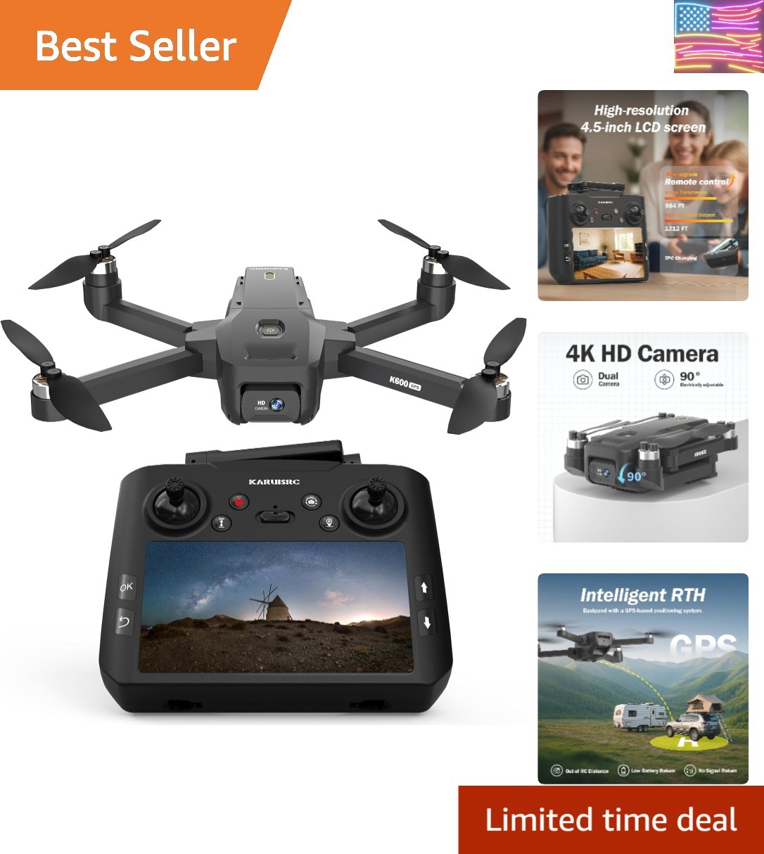 GPS FPV Drone with EIS 4K Camera for Adults, 4.5 Inch LCD Screen on Controlle...