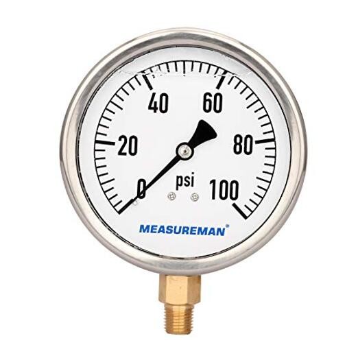  4" Dial Size, Glycerin Filled Plumbing Pressure Gauge, Stainless 0-100psi