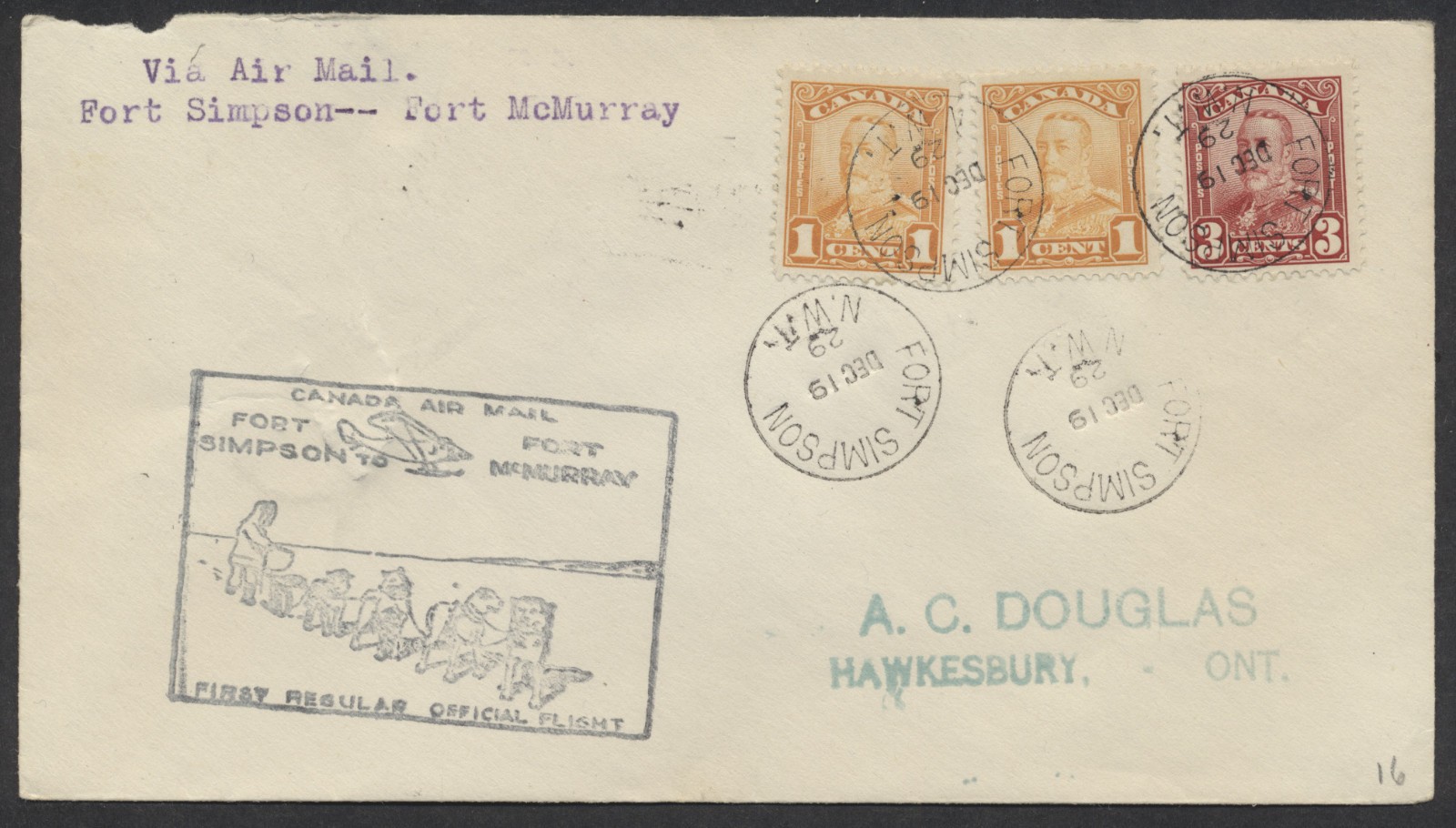 1929 Flight Cover Fort Simpson NWT to Fort McMurray 1c + 3c George V Scroll