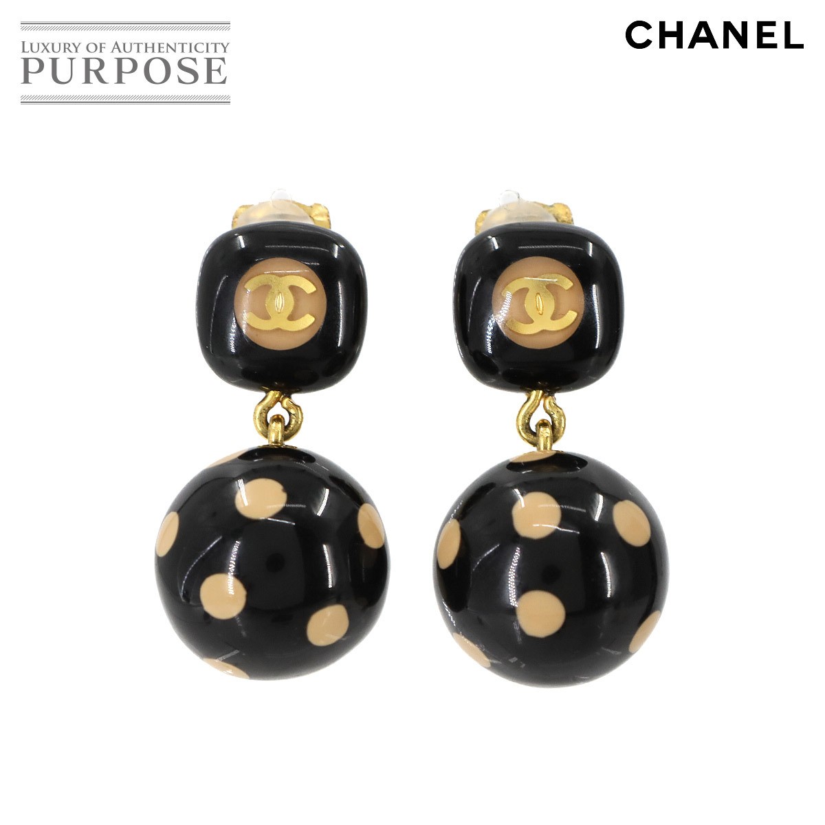 Item CHANEL Dot Pattern Ball Swing Earrings Black Beige Gold 00A Coco Mark Acce