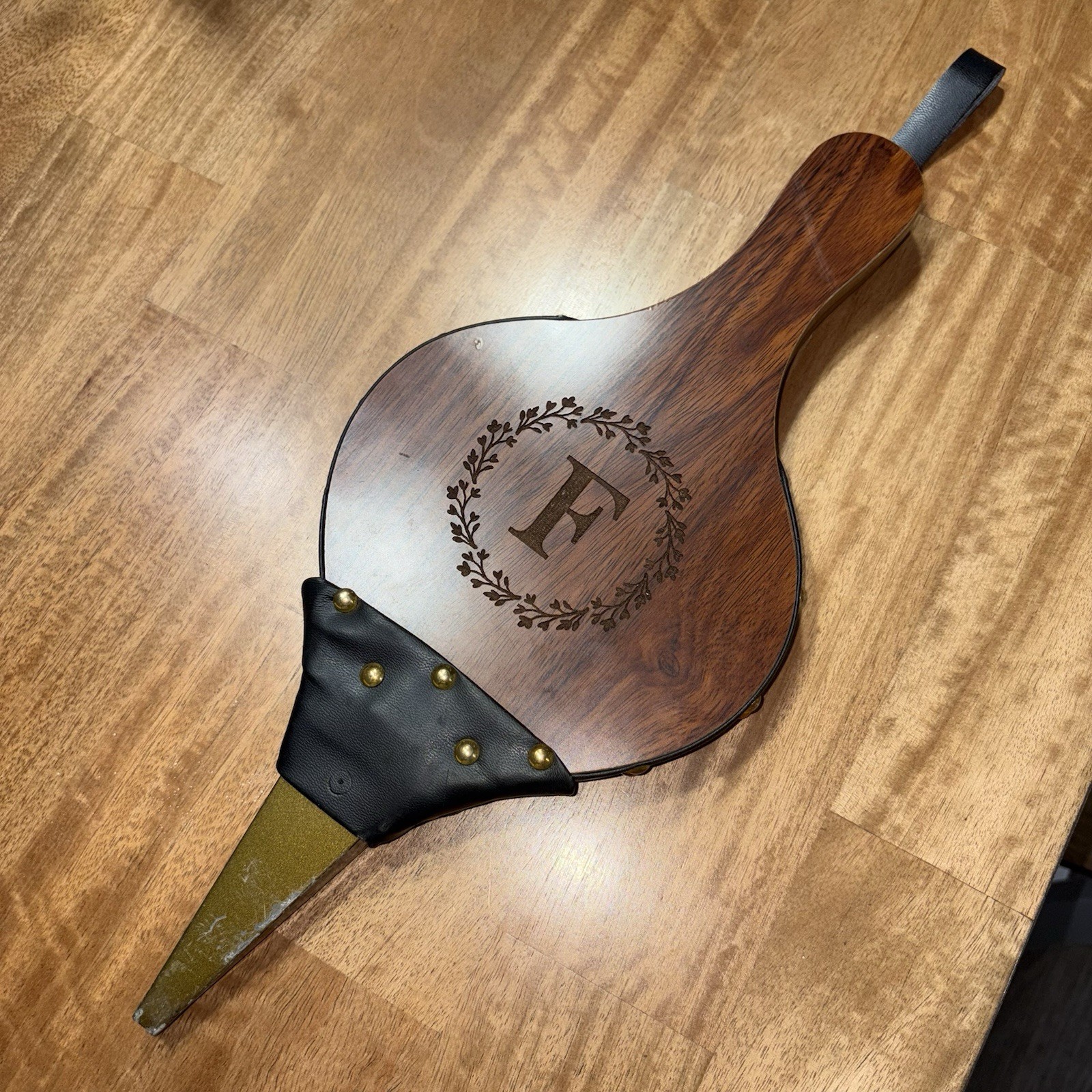 Vintage Monogrammed Wood Fireplace Bellows – Letter F – Brass Studs & Leather