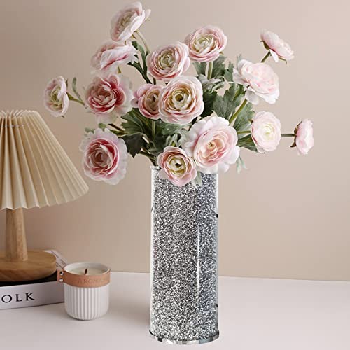 Crystal Flower Vase, 10" Large Crushed Diamond Vase, Shiny Round Modern Silver