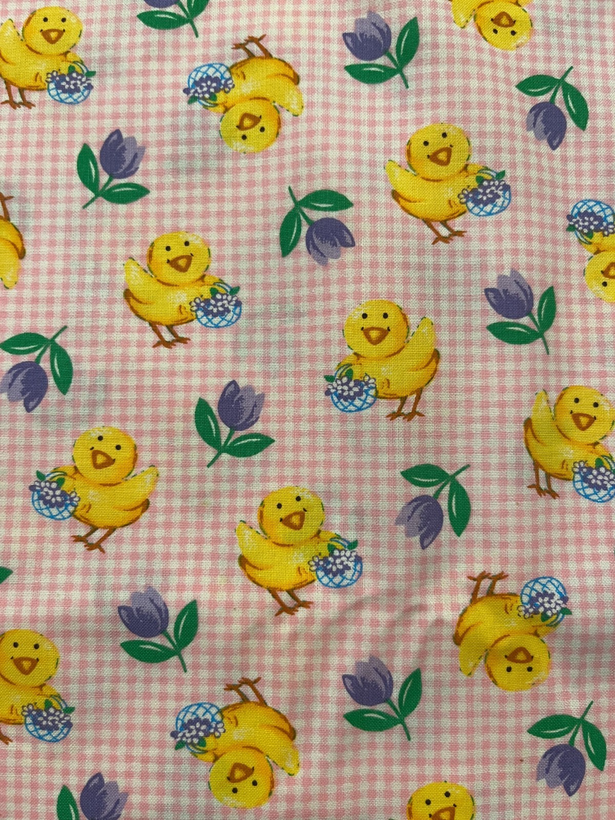 Chicks with Easter Baskets Tulips Fabric BTHY 100% Cotton Gingham Sew Quilting