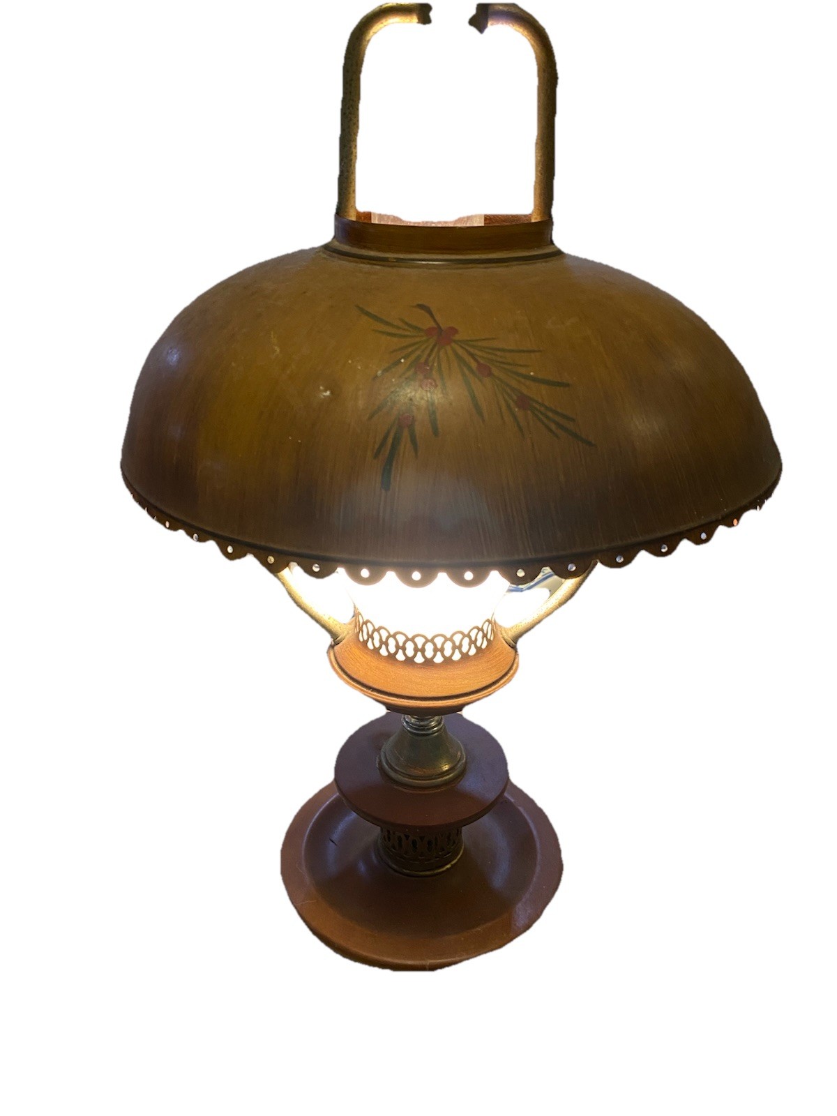 Vintage Swiss Hurricane Lamp Metal And Wood 21”