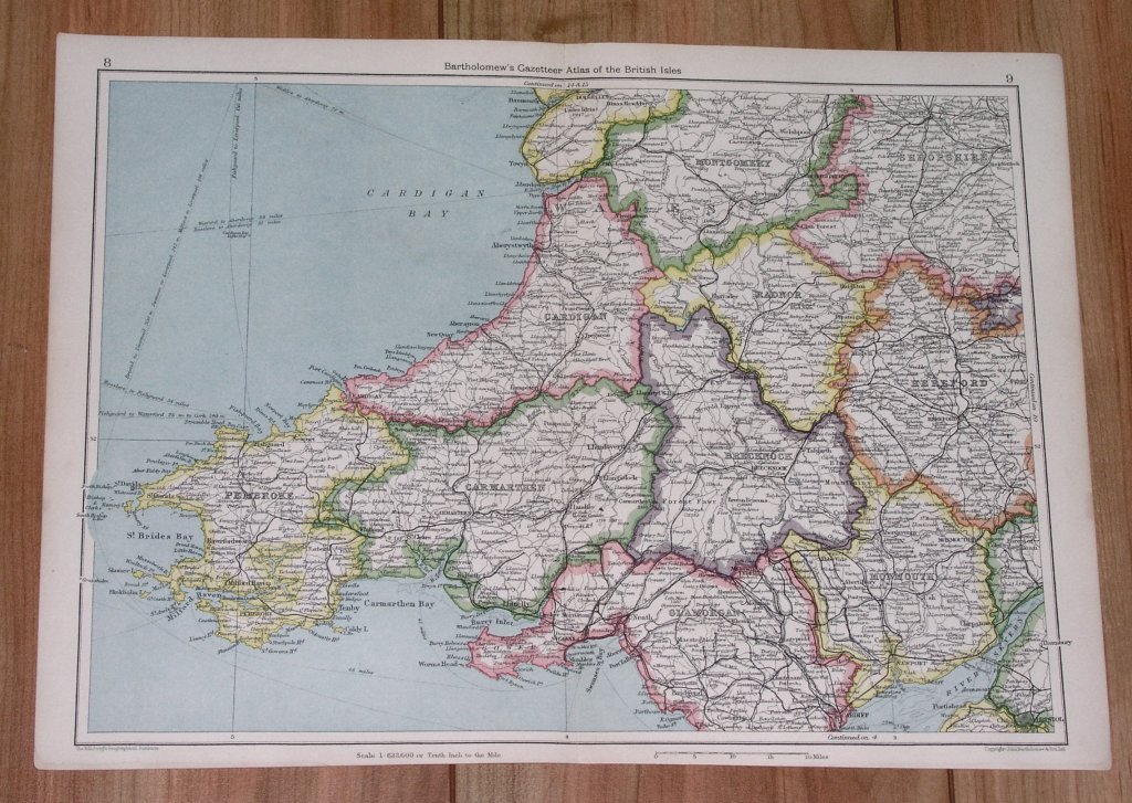 1943 ORIGINAL WWII VINTAGE MAP OF SOUTHERN WALES PEMBROKE CARDIGAN CARMARTHEN