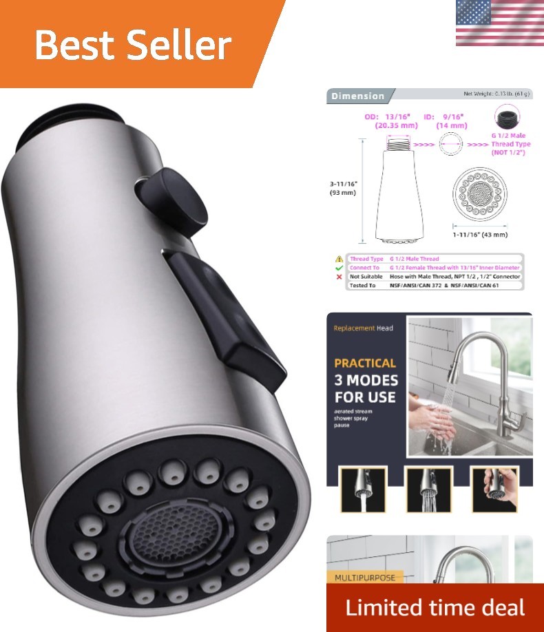 Kitchen Faucet Head - G 1/2 Male Thread, Easy Install, Brushed Nickel Finish