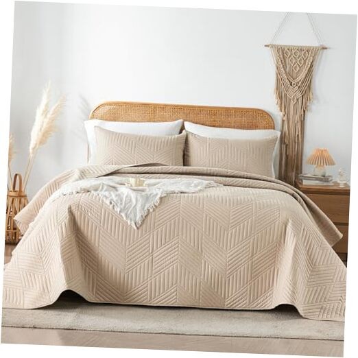King Quilt Bedding Set,Ultrasonic Quilt Set Reversible King/Cal King Beige