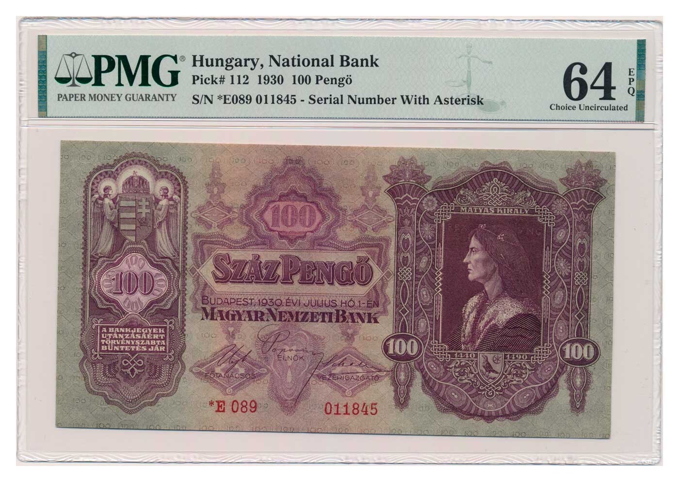 HUNGARY banknote 100 Pengo 1930 Szalasi issue PMG MS 64 EPQ Choice Uncirculated