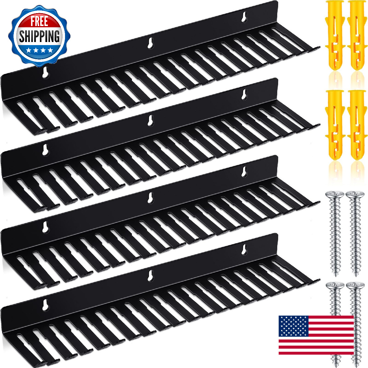 Geetery 4-Pack Wall Mount Cable Hanger Cord Organizer Rack 19 Slots Black