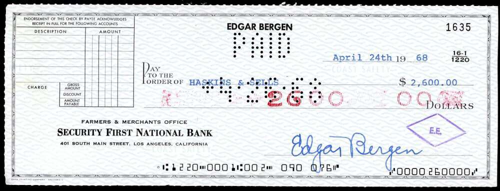 Edgar Bergen JSA Coa Signed 1968 Personal Check Autograph