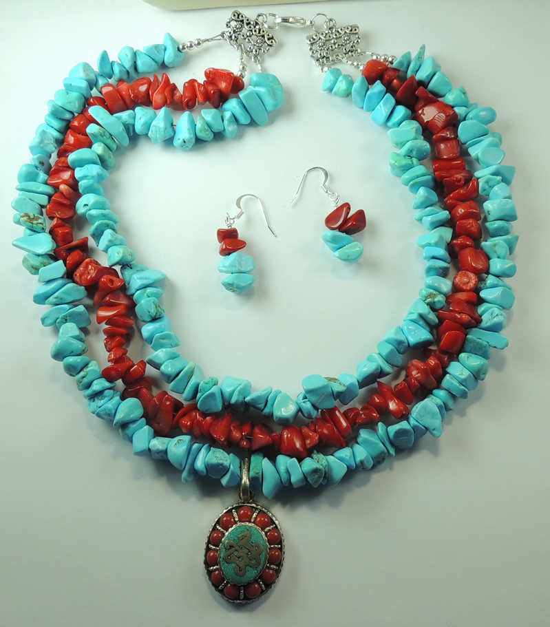 Statement 3 Strand Turquoise Howlite & Coral Necklace & Earrings Handcrafted