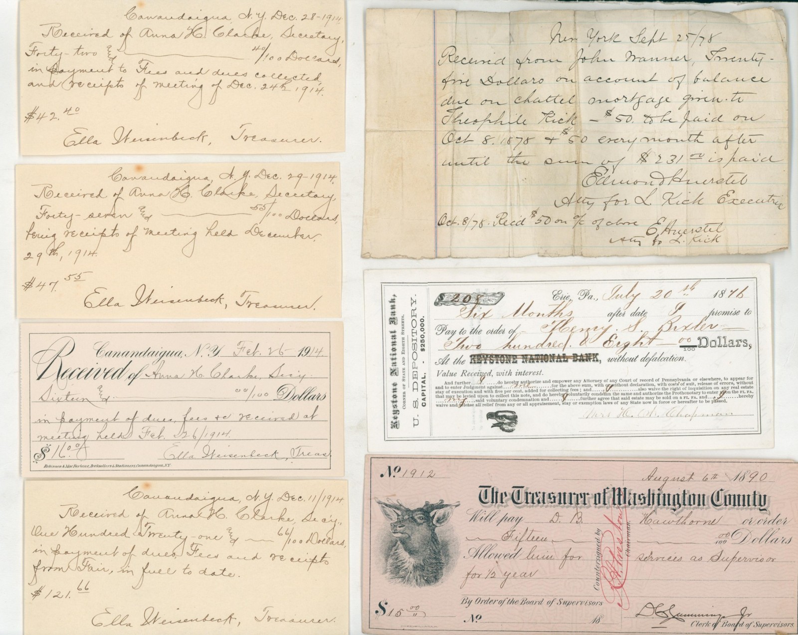 1876–1914 NY PA Receipts Promissory Note Chattel Mortgage Check Financial Lot 