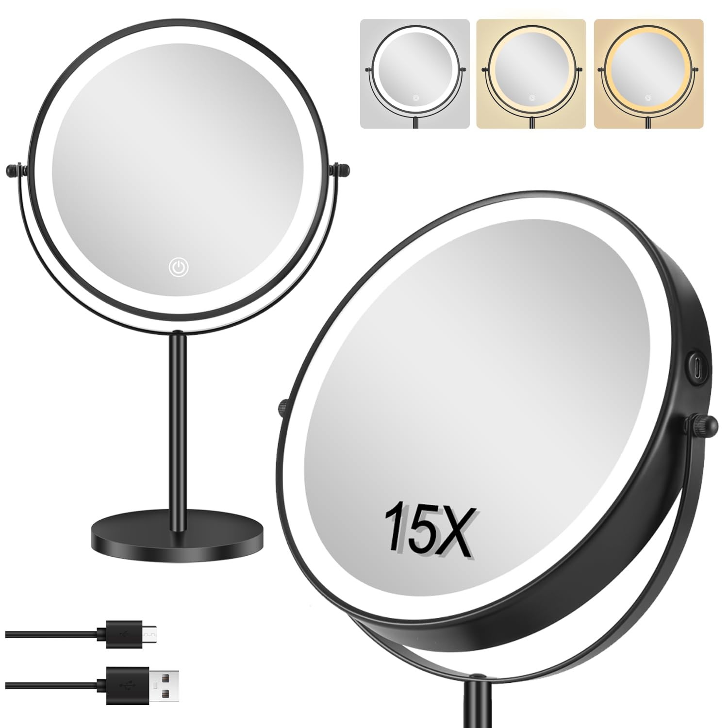 ALHAKIN 9" Lighted Makeup Mirror, 1X/15X Magnifying 15.3"L x 8.6"W, Black 