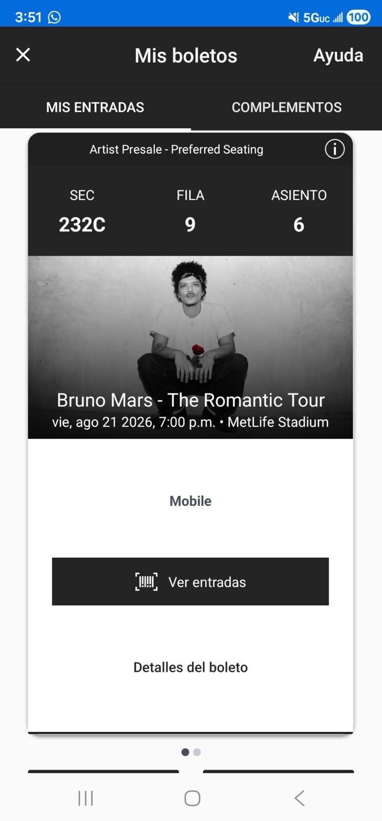 🎤 Bruno Mars Live in NJ – Opening Night Tickets | Section 232C