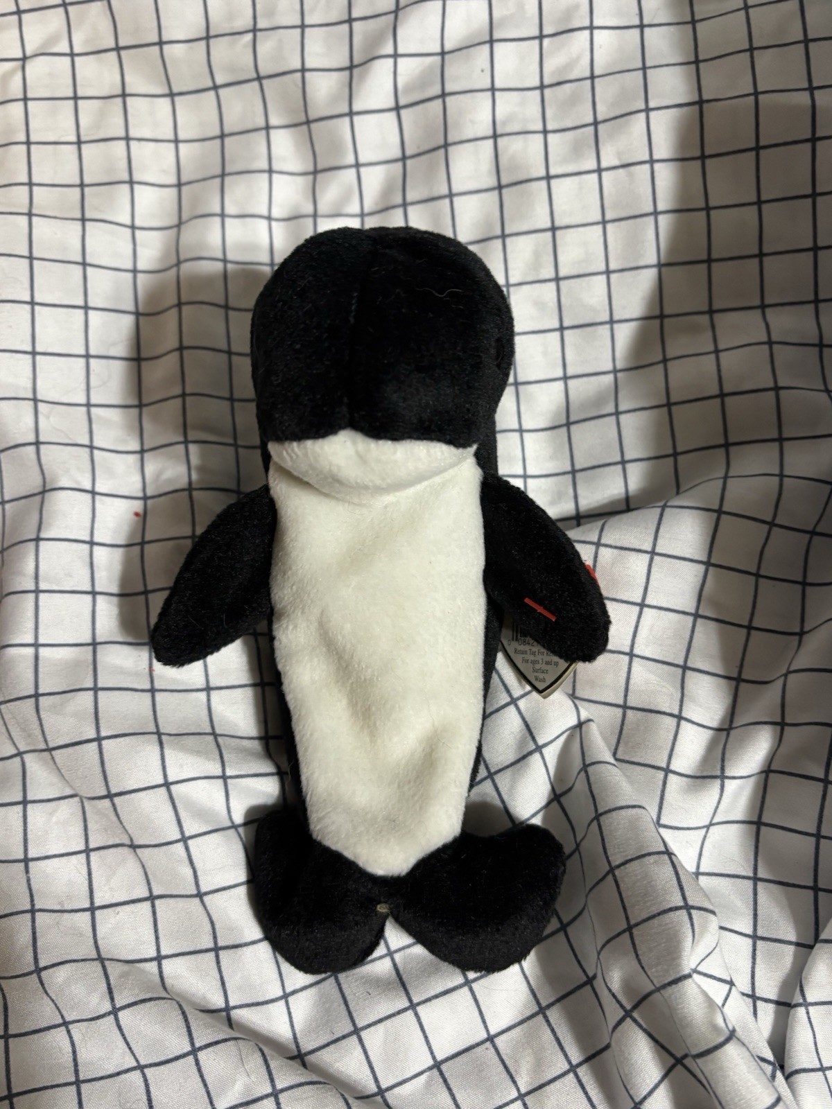 Ty Beanie Baby Waves Whale Black & White Plush Retired Original, Ages 3+