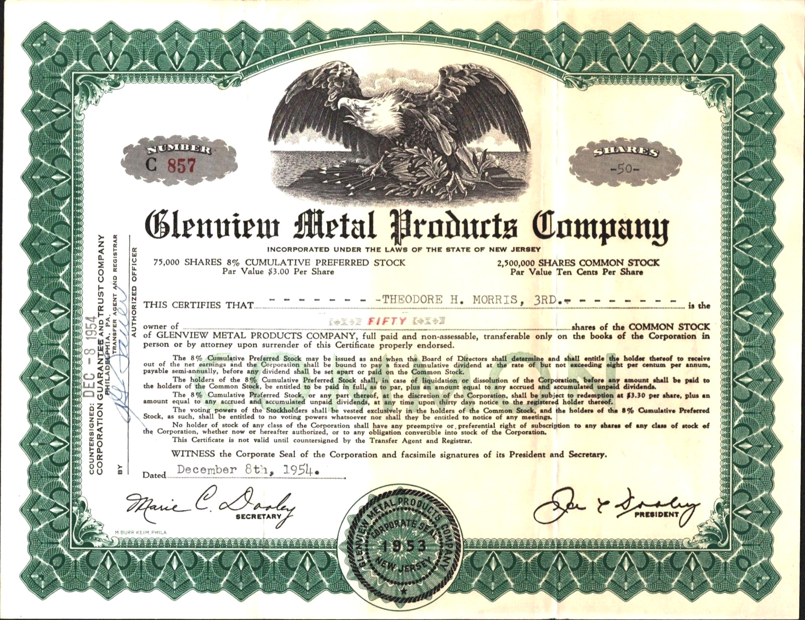 1954 STOCK CERTIFICATE fifty 10¢ shares GLENVIEW METAL PRODUCTS CO. New Jersey