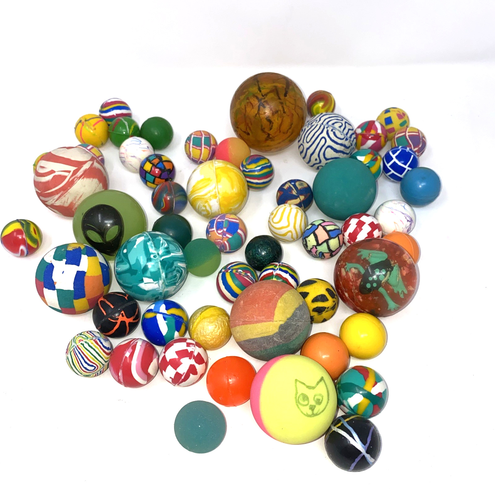 Vintage Colorful Rubber Bouncy Super Balls Various Designs & Sizes Lot Of 56
