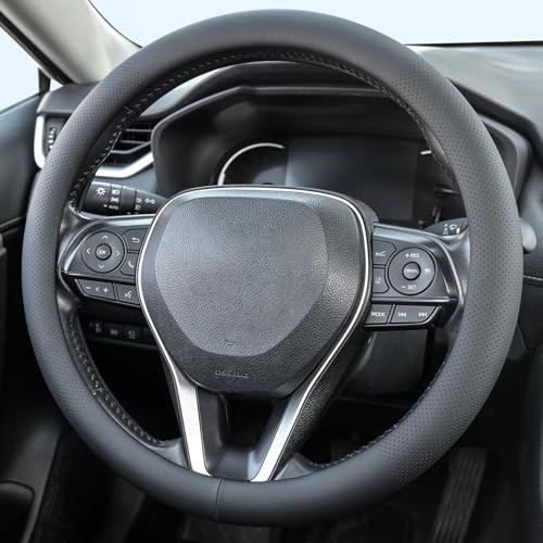 Nappa Leather Steering Wheel Cover, Universal 14.5–15 Inch Non-Slip Black