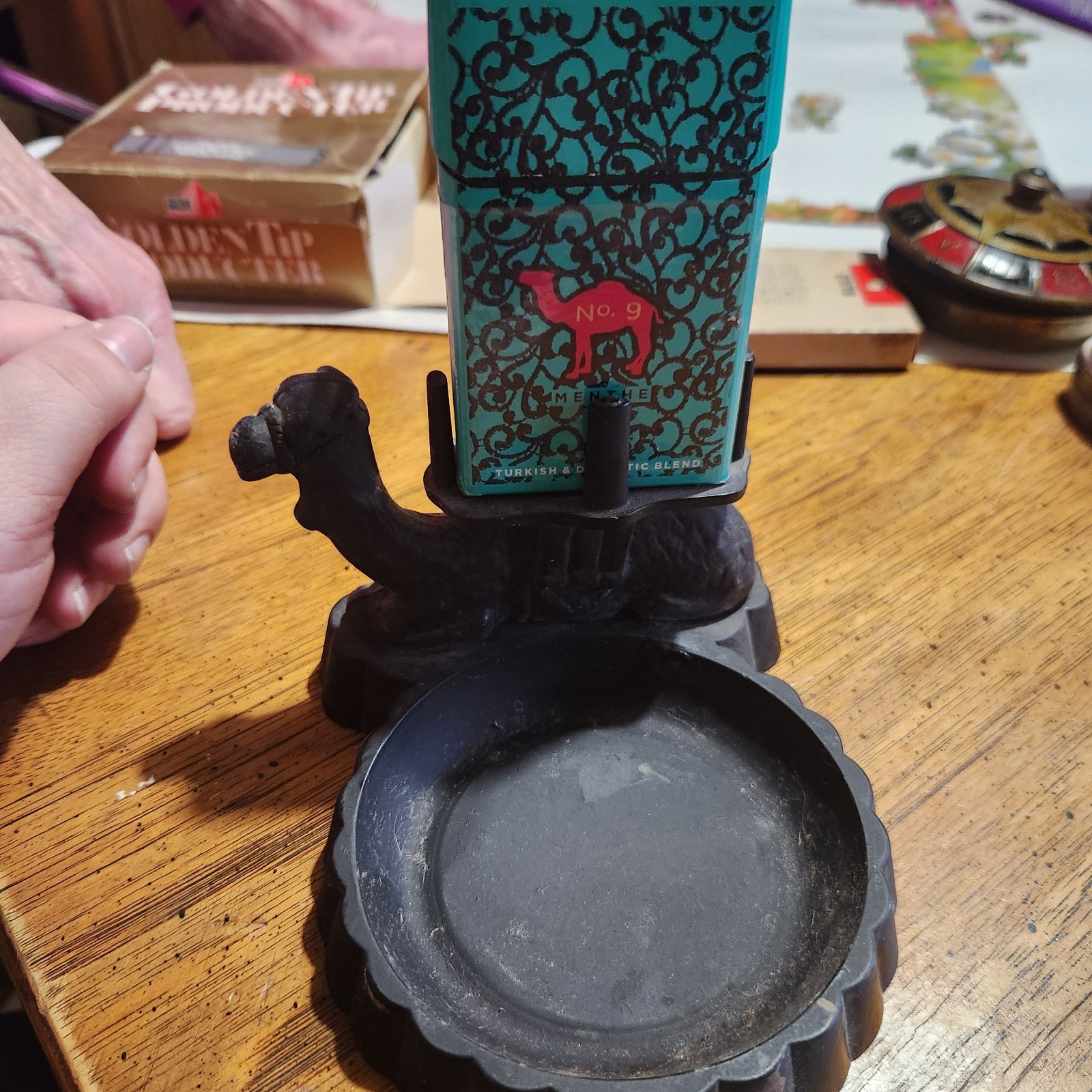 Vintage Camel Black Cast Iron Ashtray  Holder & Pack Holder 