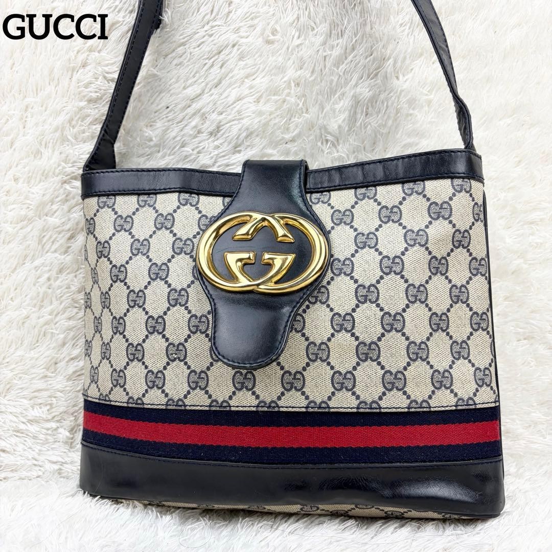 Rare Gucci Leather Shoulder Bag Sherry Line Navy Women Authentic used in JAPAN