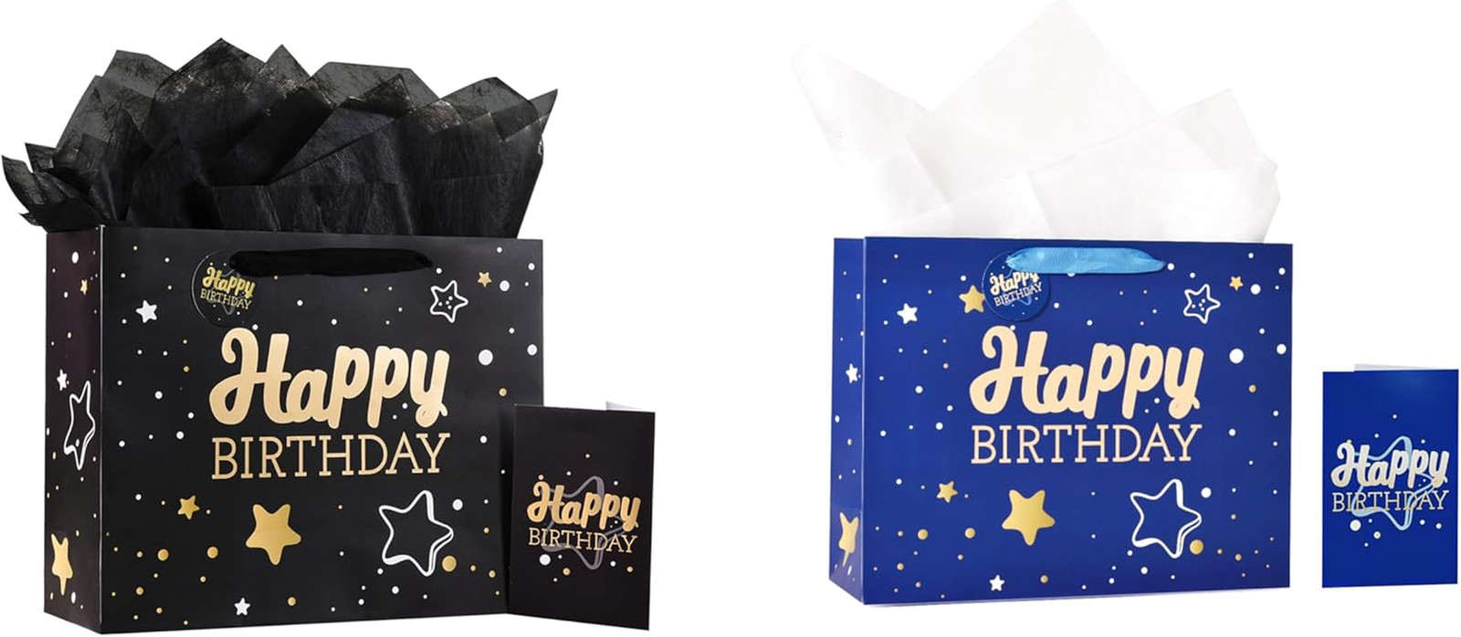 13" Black + Blue Happy Birthday Gift Bag with Tissue Paper and Greeting Card for