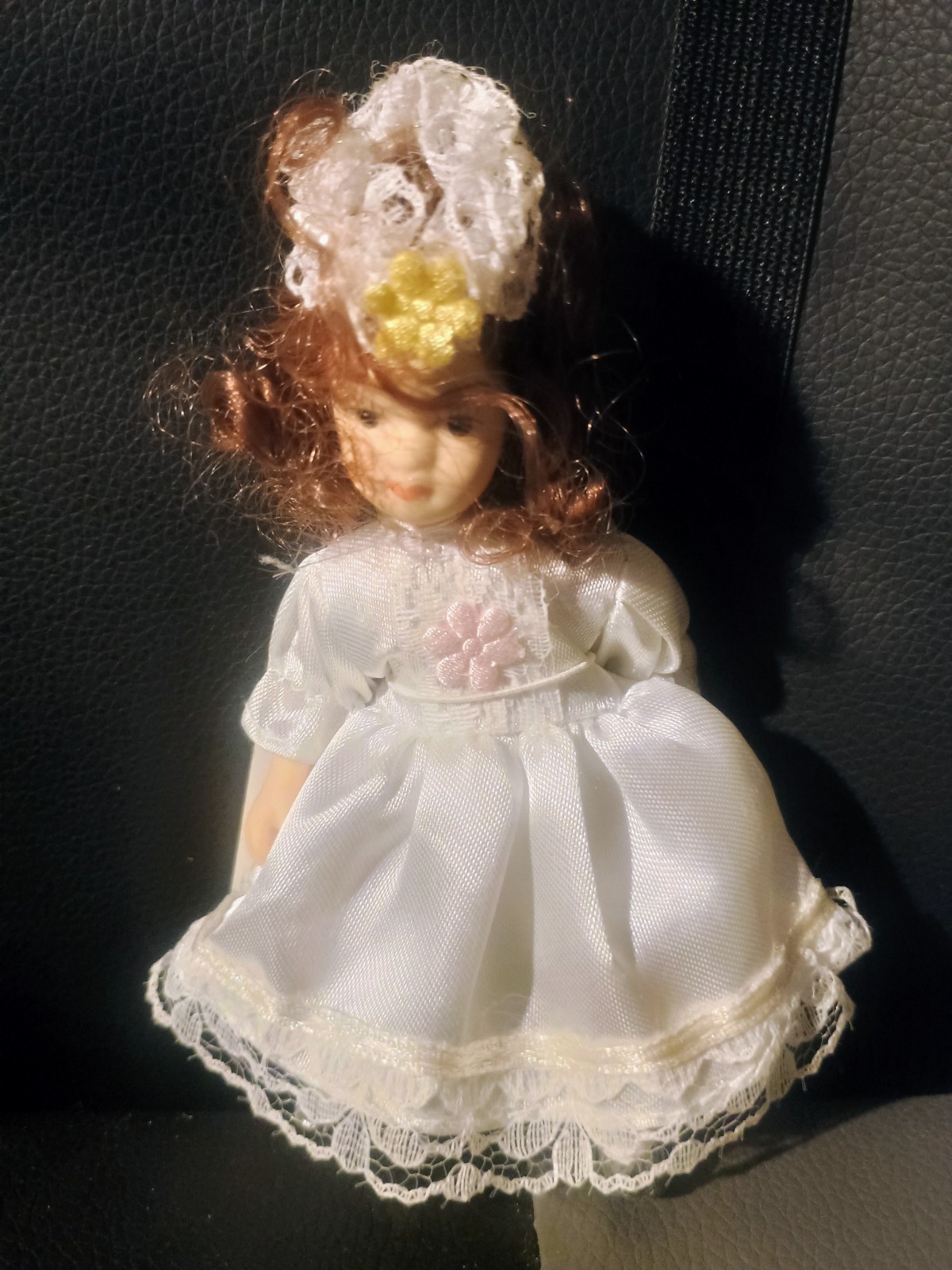 5" Porcelain Doll in White Dress with Brown Hair and Lace Headpiece