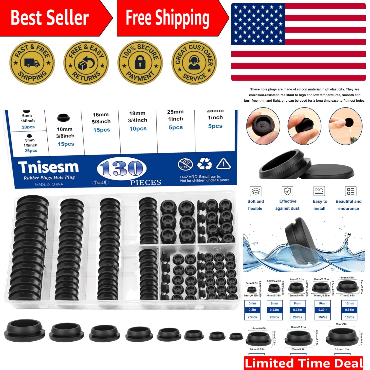 130PCS 8 Sizes Black Rubber Plugs for Round Holes Silicone Plugs, 1" 3/4" 5/8...
