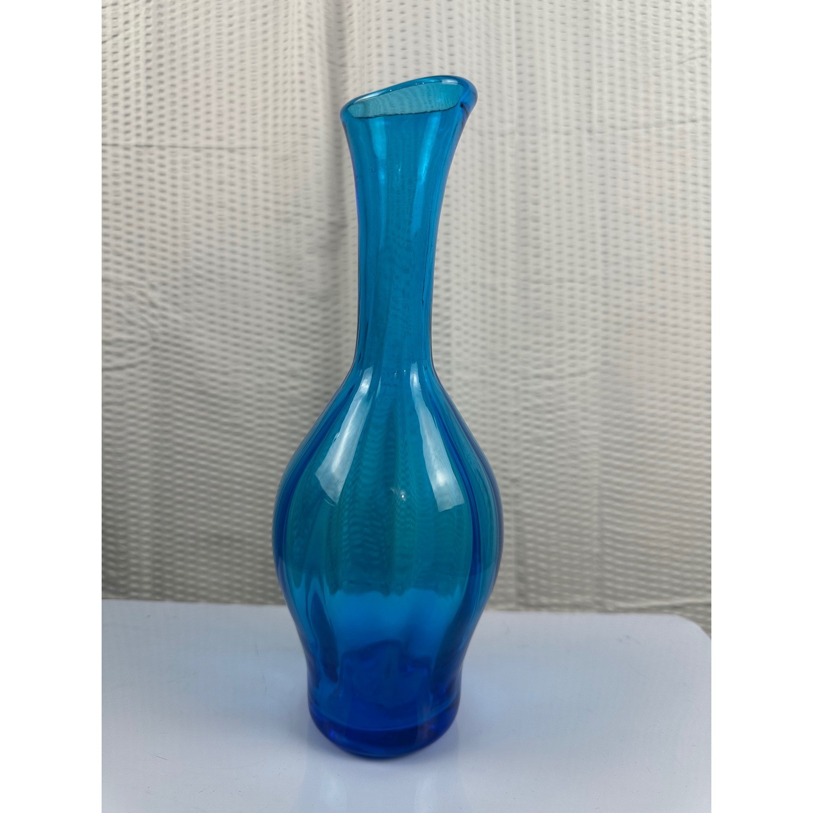 Mid Century Blenko Style Blue Hand Blown Art Glass Vase ~10in Air Bubbles