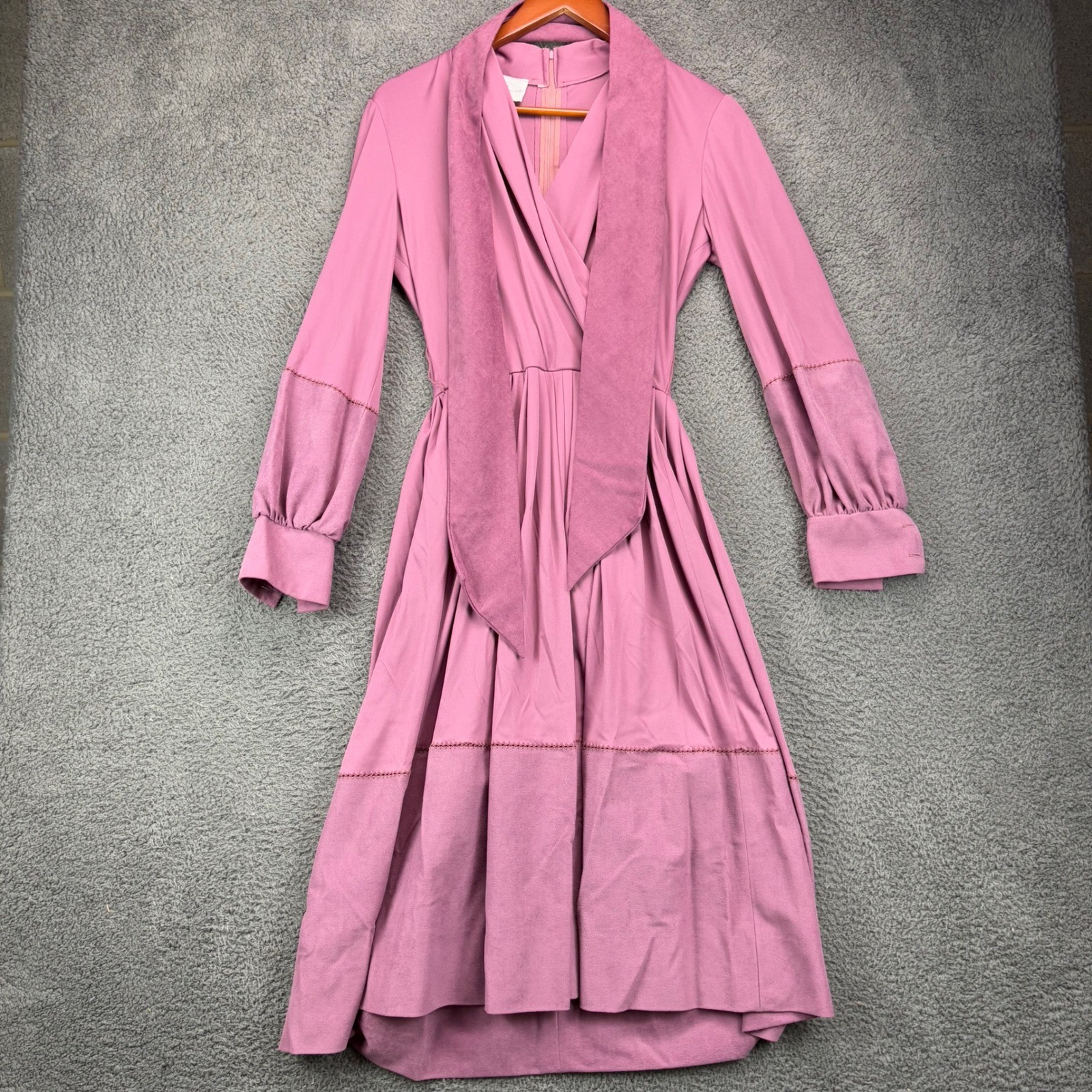 Vintage Herman Marcus Dallas Mauve Long Sleeve Pleated Midi Dress Suede Trim 10