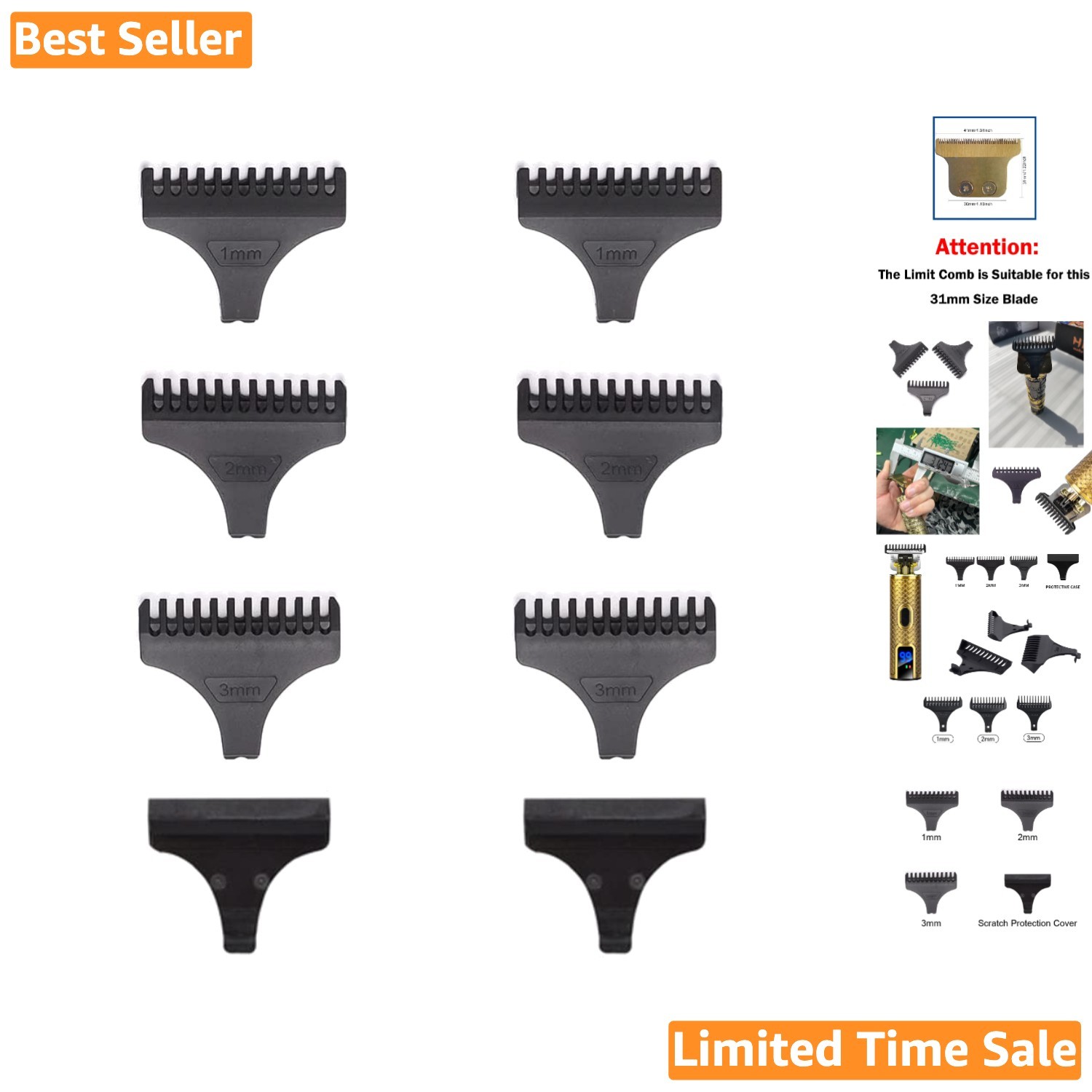 Precision 8-Pack Hair Clipper Limit Comb Set with Safety Covers for T9 Trimmer