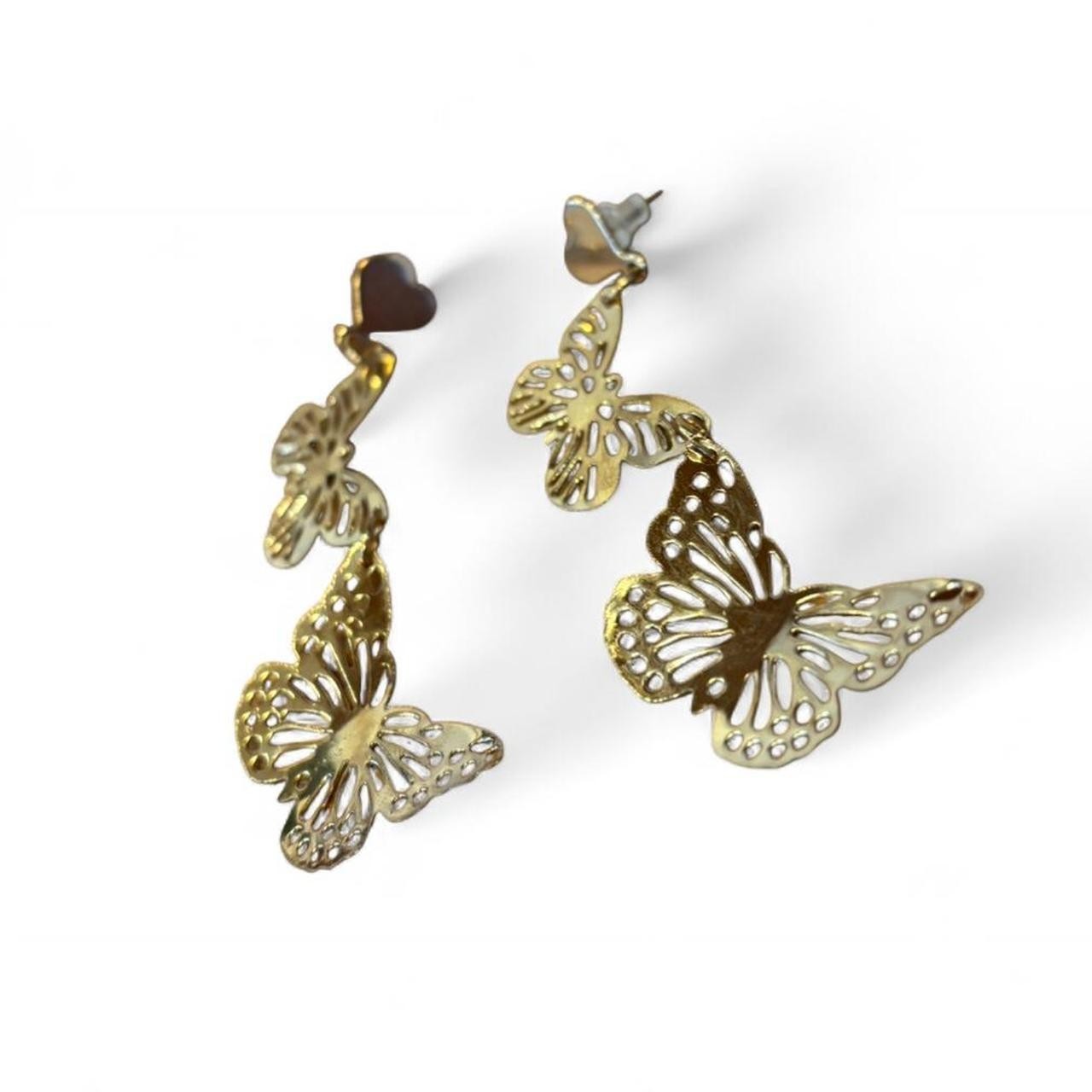 Gold butterfly filigree tiered dangle earrings with heart detail pierced