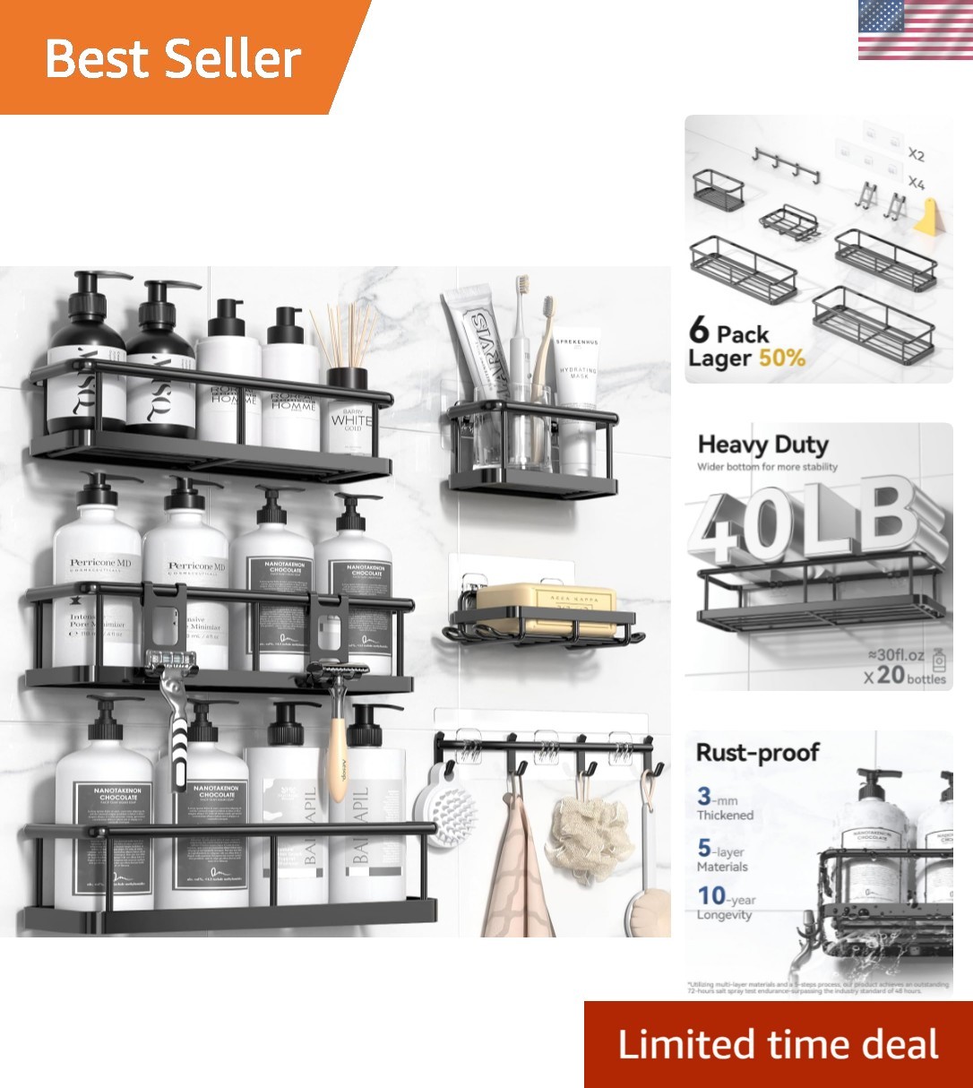 Shower Caddy Adhesive, 100% Rustproof Shower Organizer with Soap Holder, 6 Pa...