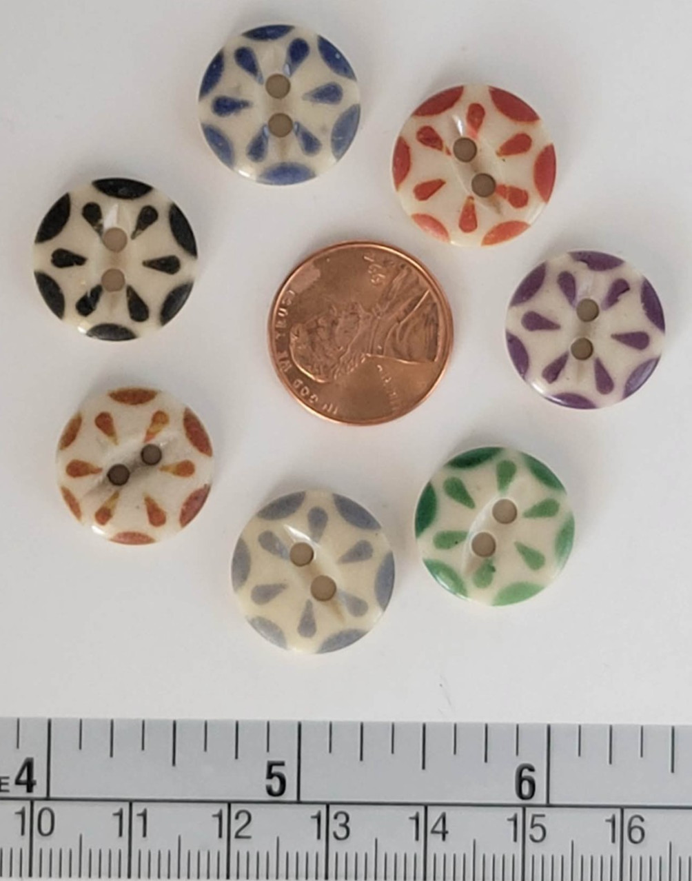 7 ANTIQUE #3 CHINA STENCIL buttons--RAINBOW-- MEDIUM
