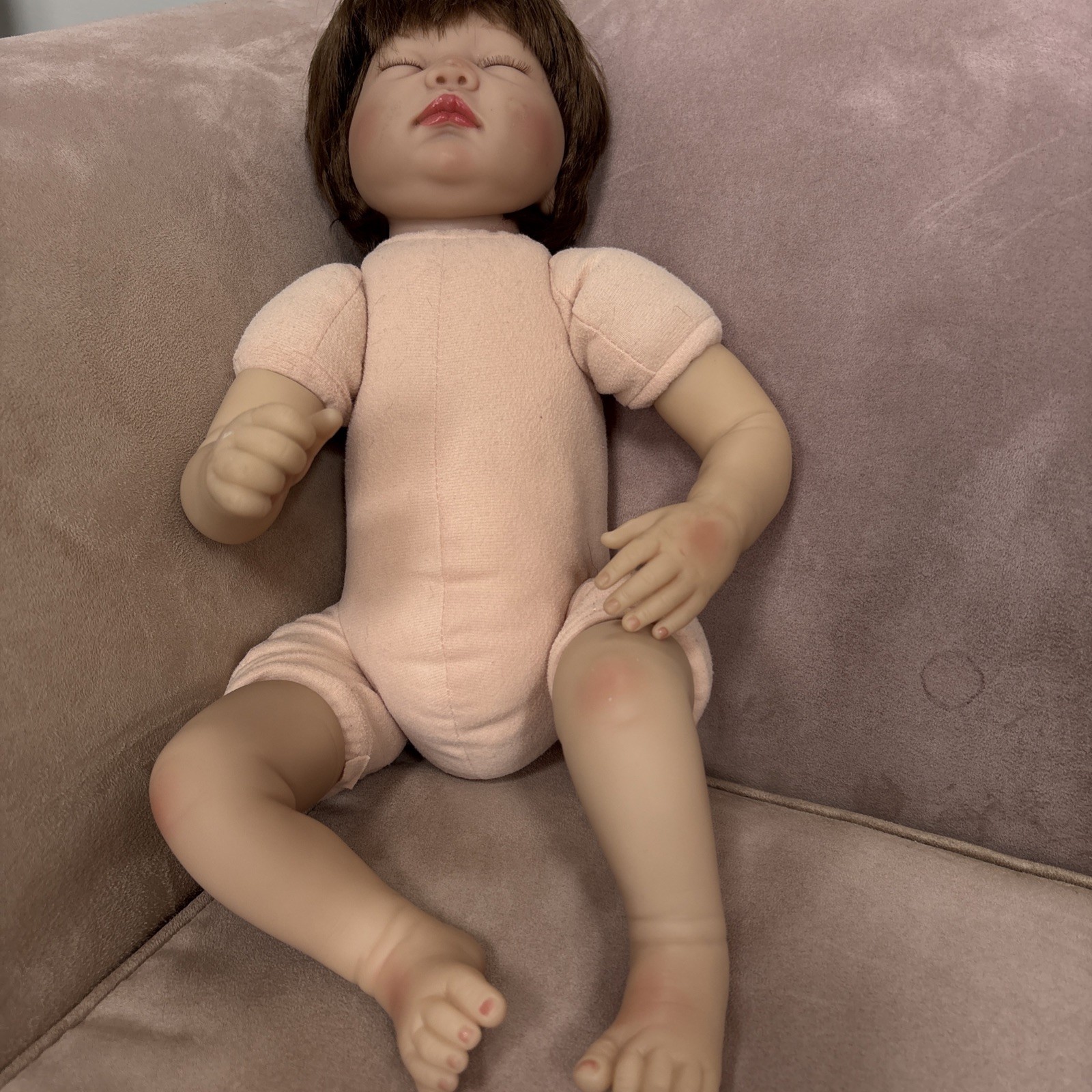 Reborn Baby Doll Sleeping Brown  Hair 18" Vinyl Limbs Soft Body