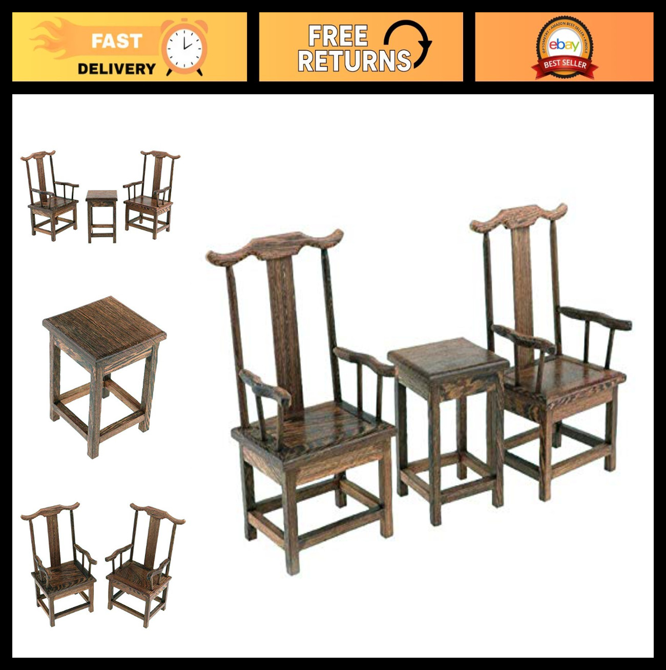 Miniature Handcrafted Retro Wood End Table & Armchairs Set - 3Pc Home Decor