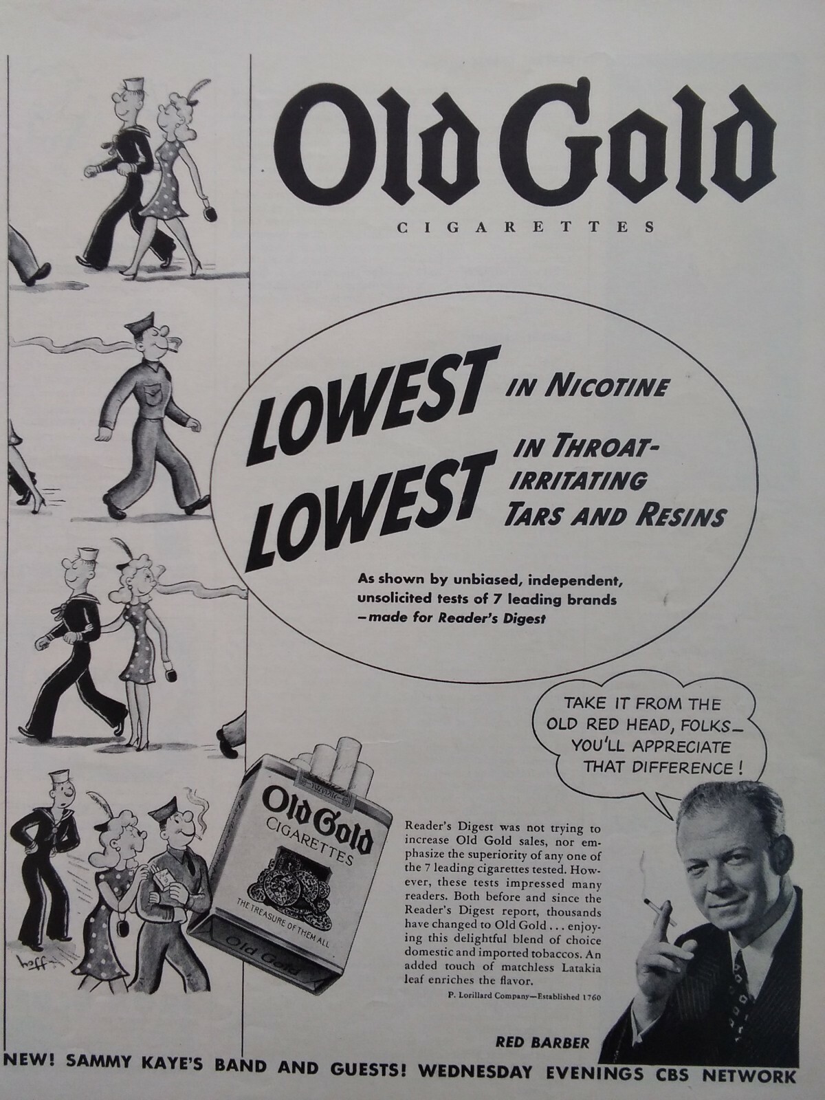 Old Gold Cigarettes Print Ad Original Vtg 1940s WW2 Army Navy Red Barber Longine