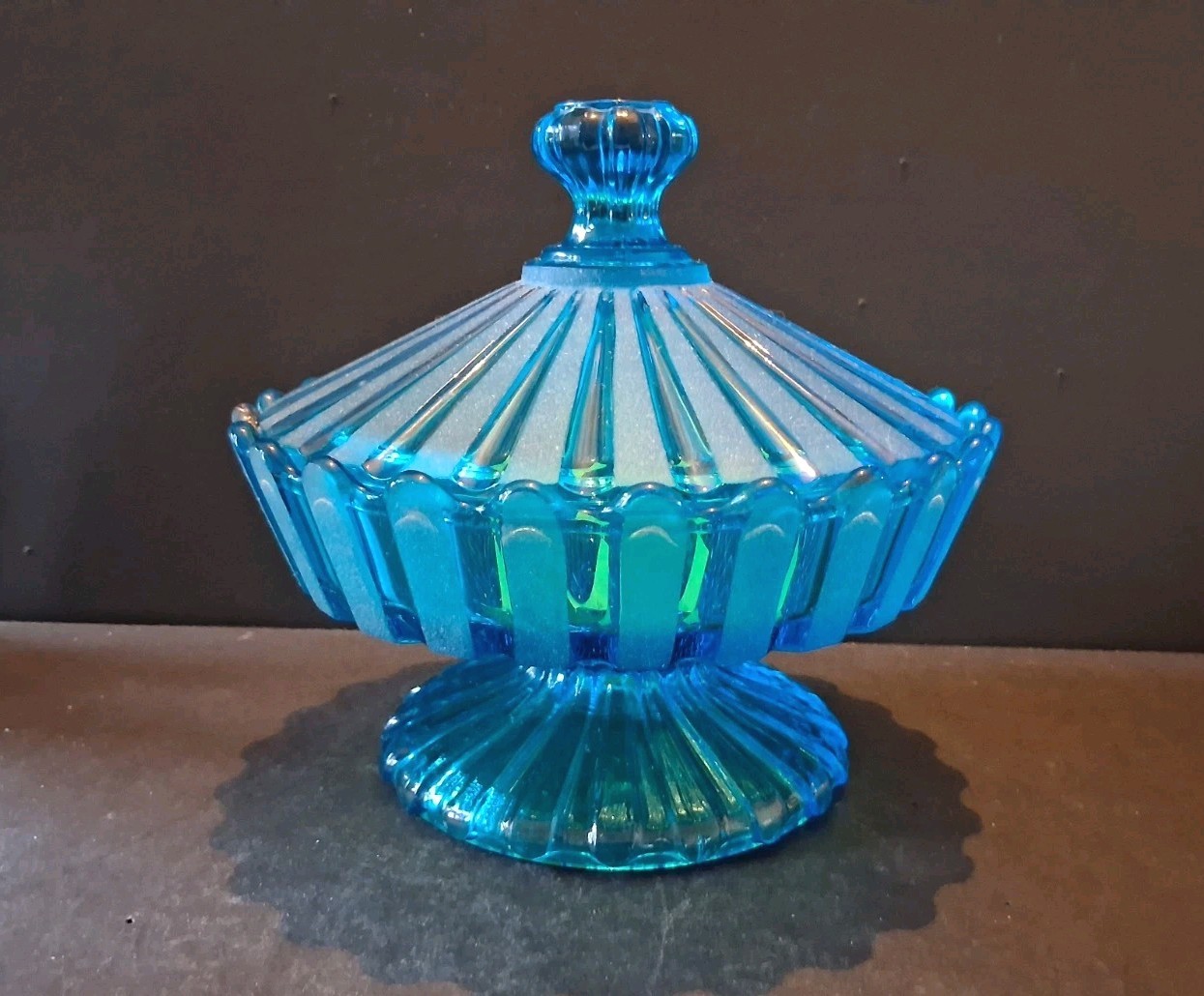 Fostoria HFM Satin Striped Blue Candy Dish with Lid
