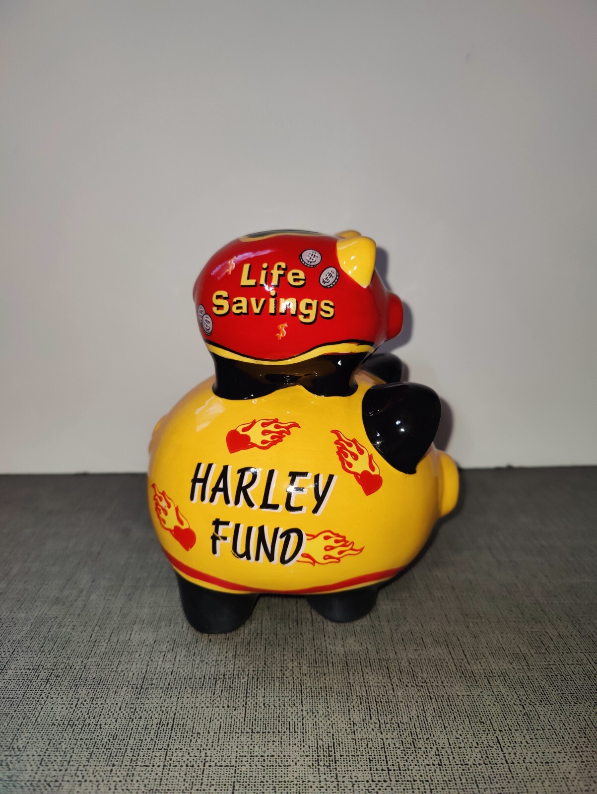 Harley Fund Piggy Bank Life Savings colorful 2 Pigs Hearts Flames on Side