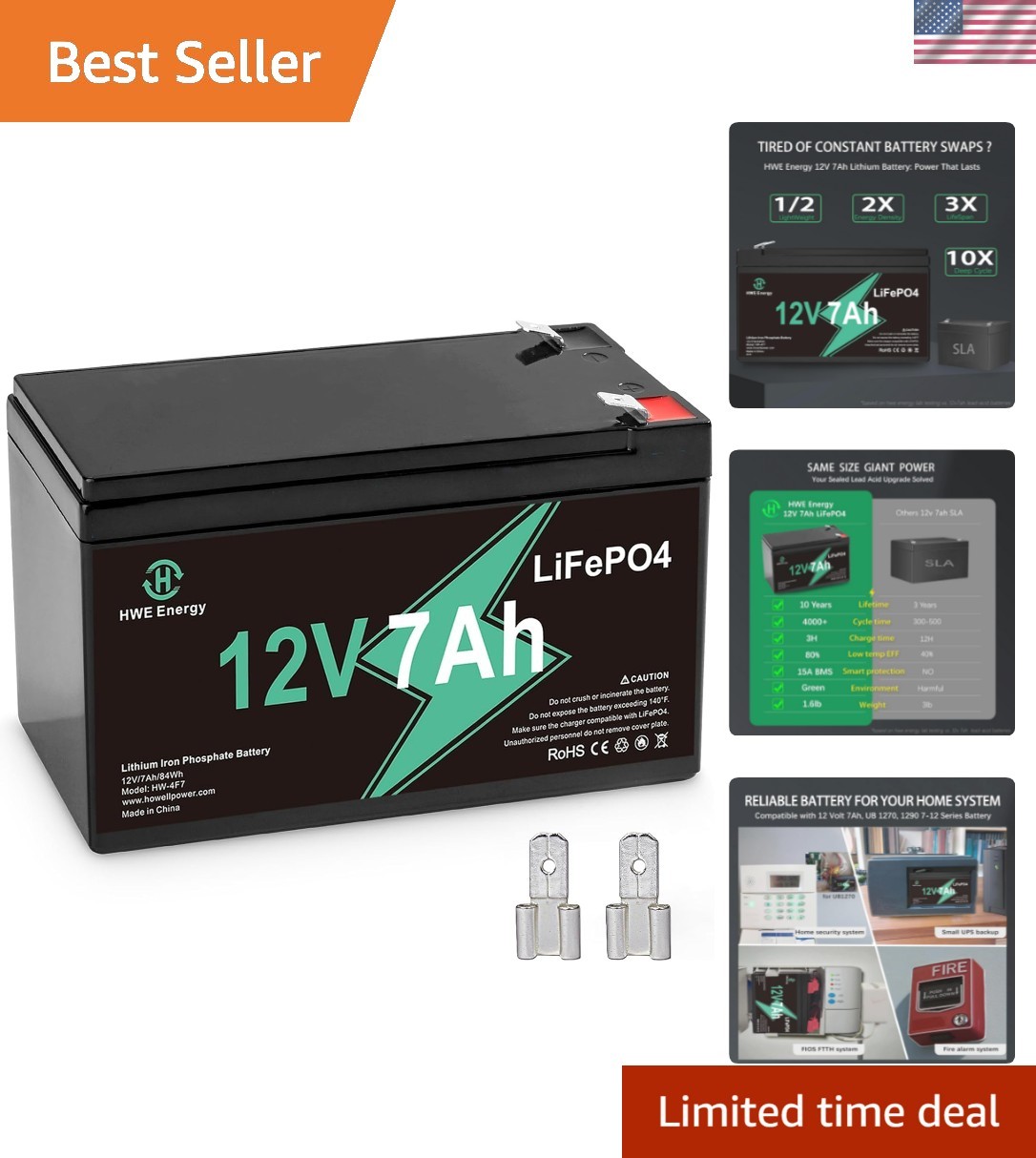 12V 7Ah Battery, 4000+ Deep Cycles Rechargeable LiFePO4 with 15A BMS, Lithium...