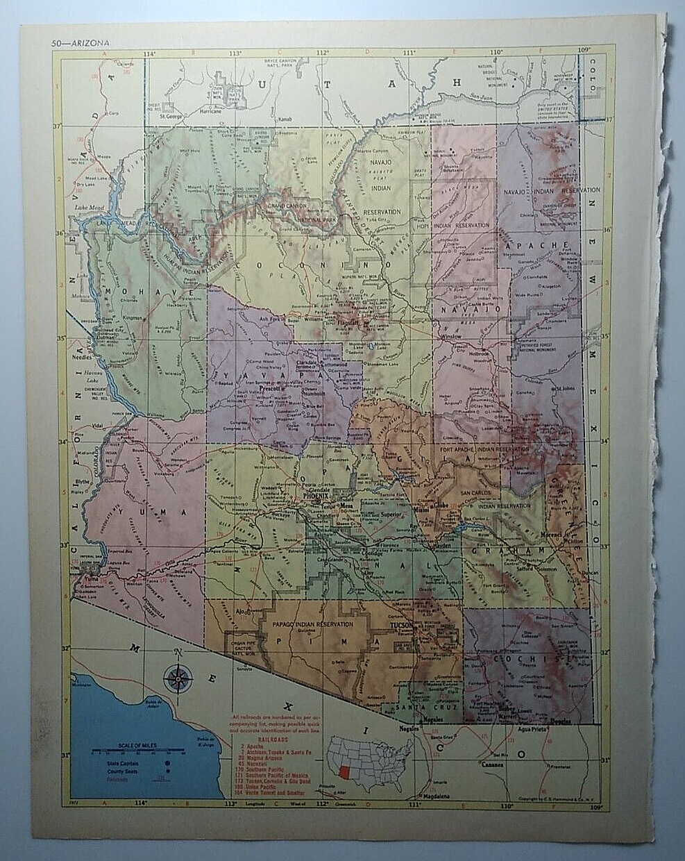 1955 Antique ARIZONA Atlas Map - Vintage MCM Hammond's New Supreme World Atlas
