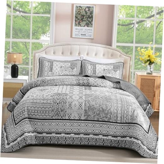  Quilt Set Size,Bohemian Patchwork Bedspread Coverlet Set, Soft Boho Queen Grey