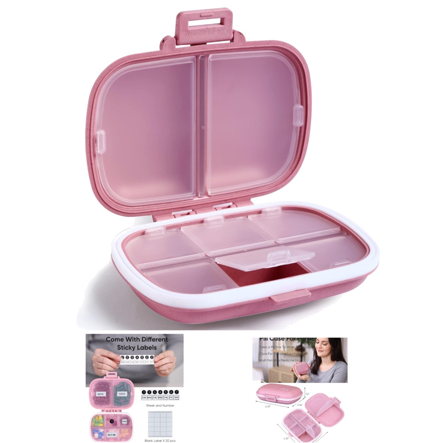 Portable 8 Compartment Daily Pill Box - Elegant Pink Medicine Organizer