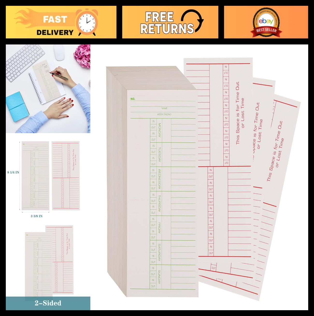 500PCS Weekly Time Cards for Employees - 2-Sided Time Sheets, 3.375"x8.25
