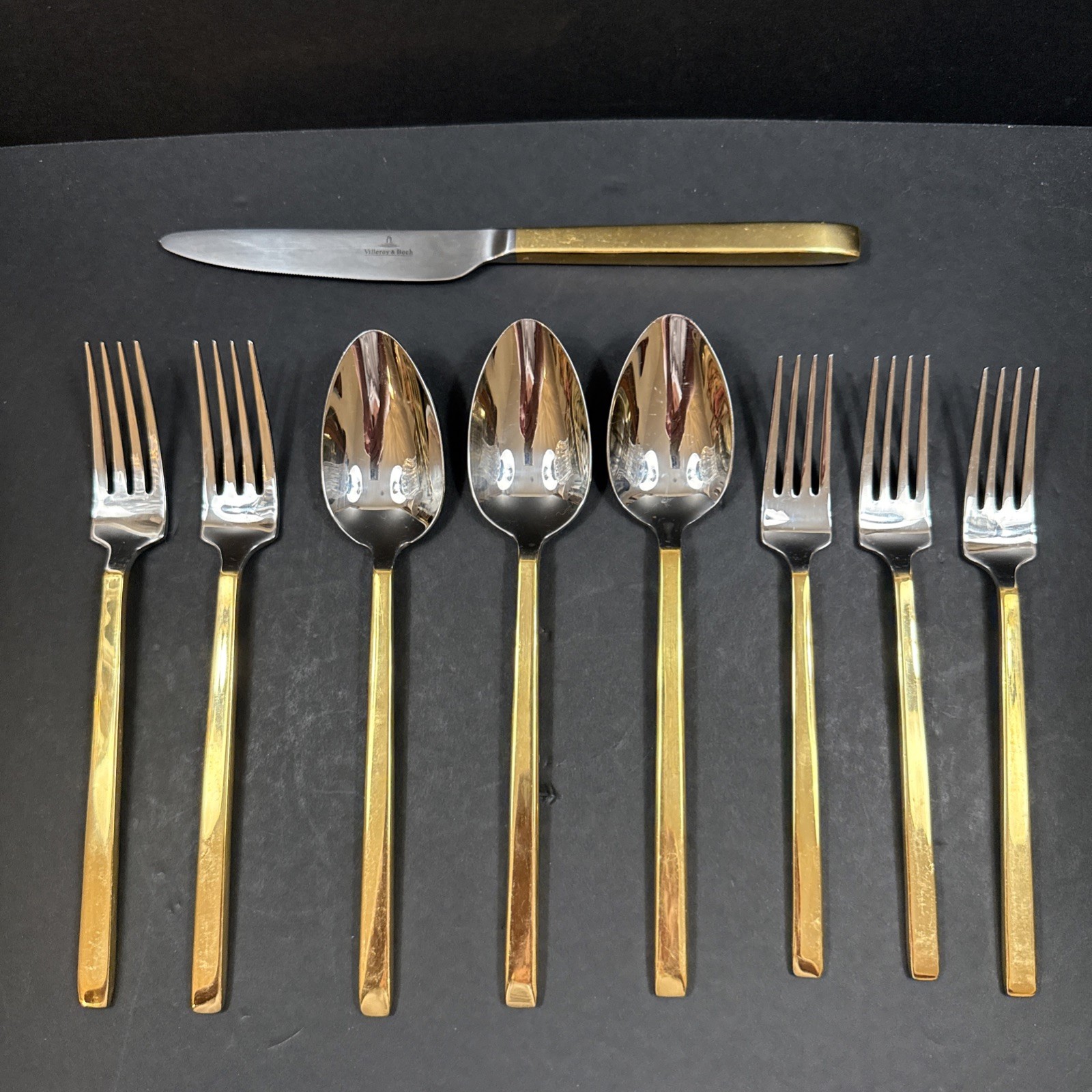 Villeroy & Boch La Classica partially Gold Plated 9 pc soup spoons, knife, forks